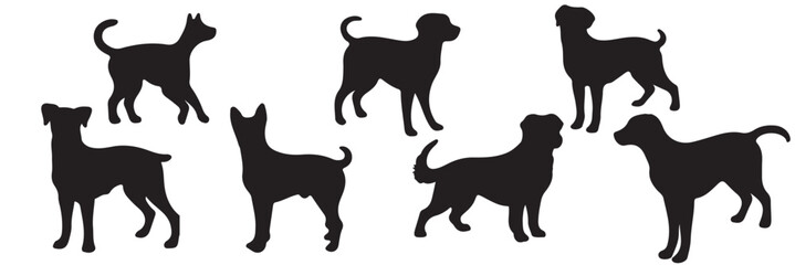  Group of dogs various poses vector silhouettes collection. Vector, on a white background, black silhouette of a dog standing, set.