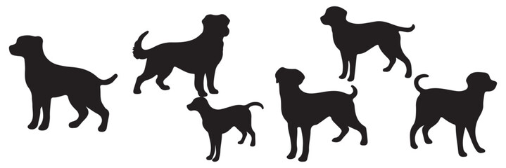  Group of dogs various poses vector silhouettes collection. Vector, on a white background, black silhouette of a dog standing, set.