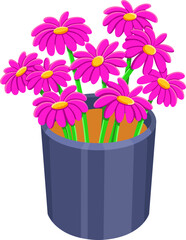 Cute Pink Flowers With Yellow Centers In A Pot, Vector Illustration