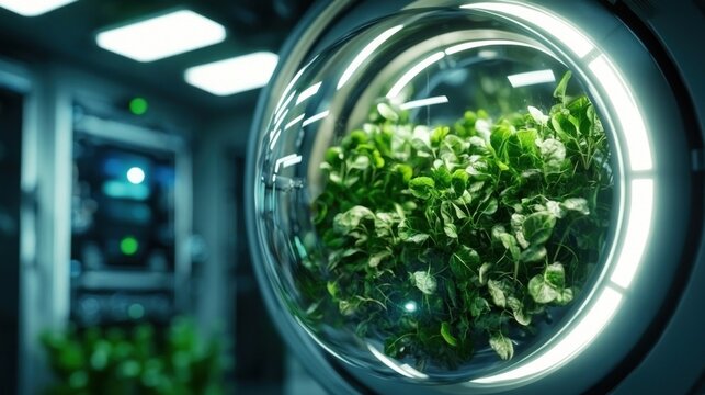 Futuristic plant in enclosed sphere, server room background