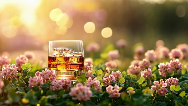 Whiskey glass with ice among blooming clover flowers at sunrise. Saint Patrick's Day, St Paddy's Day, St Patty's Day - Irish National Holiday and Cultural Celebration - Powered by Adobe