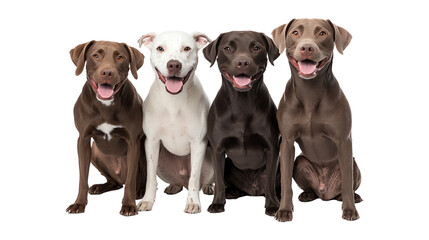 Four friendly Labrador Retrievers in various colors, showcasing their joyful expressions against a white isolate background.