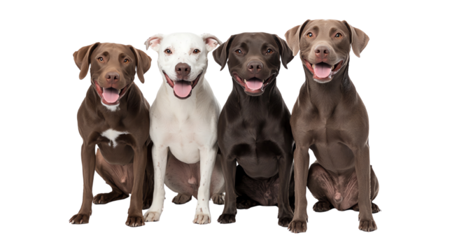 Four friendly Labrador Retrievers in various colors, showcasing their joyful expressions against a white isolate background.