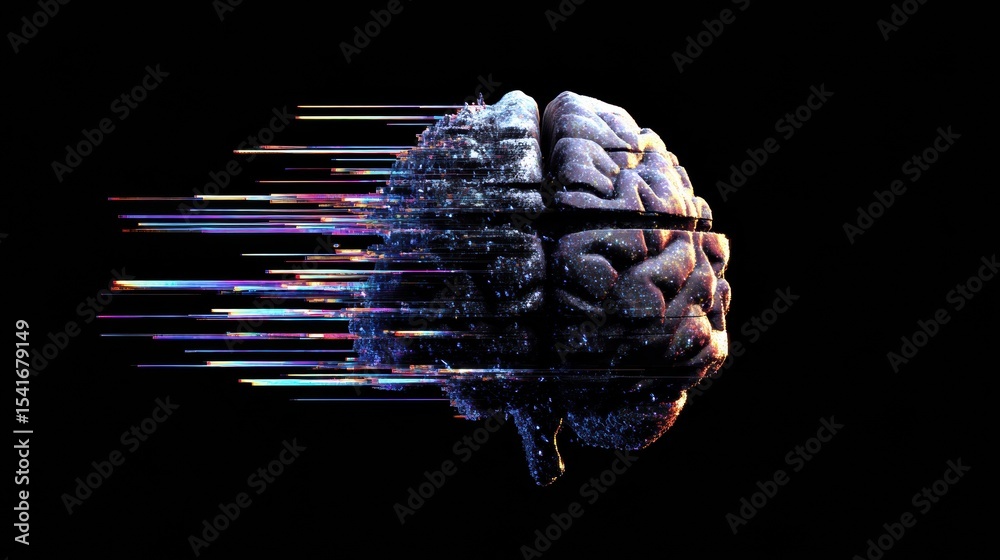 Aufkleber Fractured Brain With Glitch Effect Set Against a Dark Gradient Background Displays an Abstract Representation of Cognitive Disruption and Digital Distortion