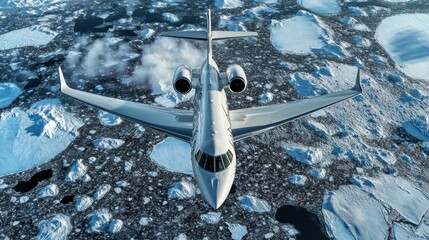 Modern Jet Plane Speeding Above Icy Arctic Landscape in High Detail