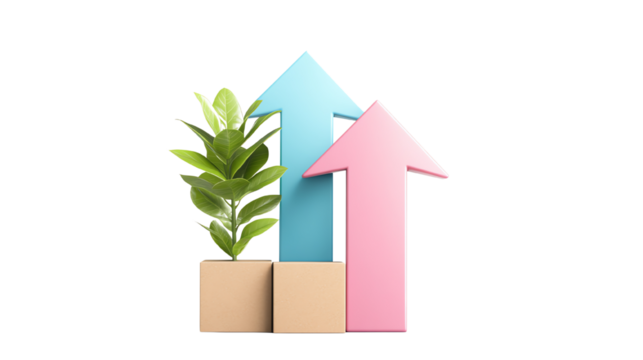 Growth concept with upward arrows and plant in a box, modern design.