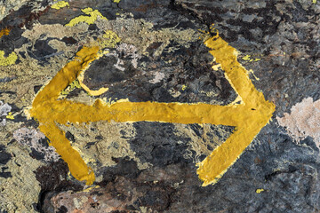 yellow path marking arrows on a rock with yellow lichen, Sorteny Valley Natural Park, Ordino district, Andorra, Europe