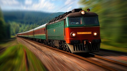 Obraz premium Mountain Railroad Train Moving Fast Through Lush Forest