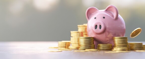 The piggy bank surrounded by stacks of coins symbolizing savings and wealth.