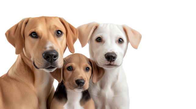 Three adorable dogs, including a puppy, looking curiously at the camera against a white isolated background.