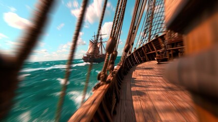 Historic sailing ship at sea, chasing another, ocean voyage