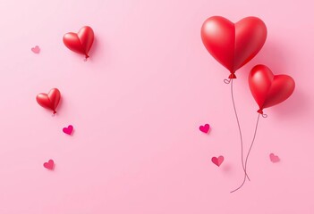 Heart-shaped paper airplanes and balloon ascend on pink background Valentine's Day vector illustration, relationship, colorful