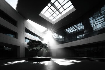 Sunlight streams into a modern atrium