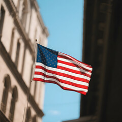 American Flag Waving in Cityscape