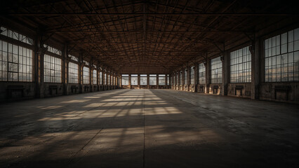 Obraz premium Interior of a large abandoned industrial building with sunlight streaking across the floor