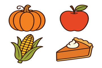 Autumn harvest icons pumpkin apple corn pie