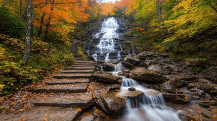 Fototapeta premium Autumn waterfall steps, cascading water, scenic forest trail, misty mountains