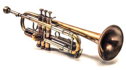 Obraz premium A vintage brass trumpet instrument isolated on a white background.