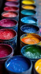 Colorful paint containers in various hues.