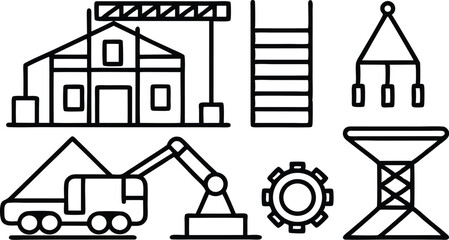 Here's a vector illustration of a house icon with heavy construction machinery and industrial transport vehicles