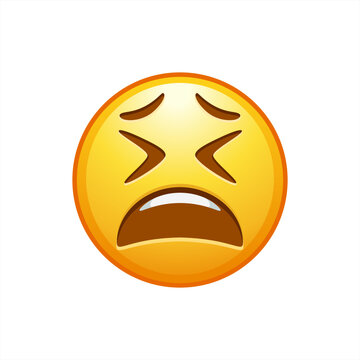 Weary emoji face. Distraught, Wailing emoticon face with closed eyes and furrowed brows, vector 10 eps.
