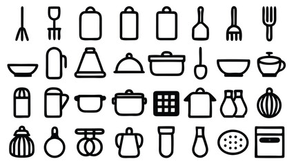 Chef's kitchen utensil set icons for cooking food and drink