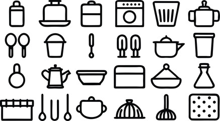 Cooking kitchen utensils and food icons set with pot, pan, spoon, knife, fork, cup, and tea glass silhouettes for restaurant illustration