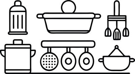 Cooking utensil icons and kitchen tools silhouette set with pot, pan, spoon, and fork designs for restaurant and food illustration