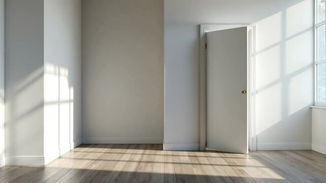 Empty white room with door and window in a modern apartment interior