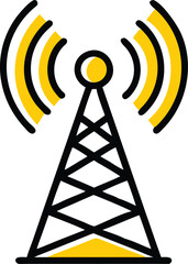 Wireless communication network symbol featuring a Wi-Fi icon, radio tower, and antenna signal illustration