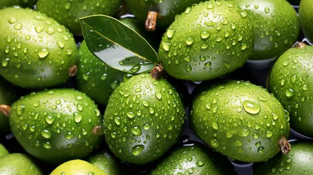 There are a lot of wet feijoa fruits. Selective focus. Food.