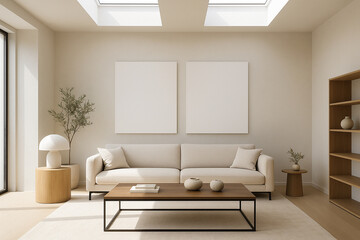 Fototapeta premium Minimalist Beige Living Room Interior Design Two Square Canvas Artwork Cream Sofa Wooden Coffee Table Wooden Side Tables