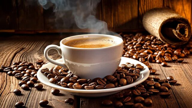 Cup of coffee and coffee beans. Selective focus. Drink.