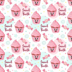 Seamless cupcake and sweets pattern with hand-drawn desserts, icing, and pink treats for kids party decor and wrapping paper. Sweet food seamless pattern 