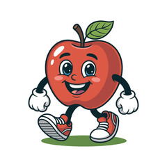 Happy Cartoon Apple Character Walking with Smile &ndash; Vector Illustration.