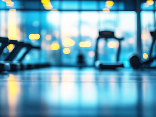Fitness center with treadmills and soft morning light during sunrise