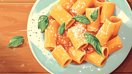 A plate of rigatoni pasta with a rich red sauce and topped with freshly chopped parsley, placed on a wooden table for a rustic look.