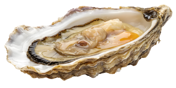 Close up of a fresh oyster with glistening flesh and orange roe isolated on white background