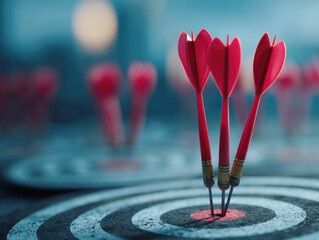 Fototapeta premium Darts with heart-shaped tips hitting bullseye on target at dusk