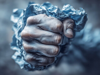 Hand gripping crumpled paper in dramatic artistic representation of frustration