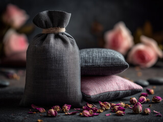 Linen Bag with Scented Sachets and Dried Petals &ndash; Natural Fragrance and Aromatherapy Flat Lay on Soft Surface