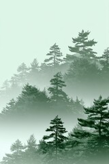 Fototapeta premium A serene forest wrapped in soft mist, featuring layered tree silhouettes in light green, radiating tranquility and harmony with nature.