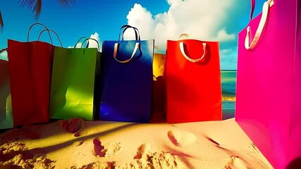 Colorful shopping bags on a sandy beach under a vibrant sky