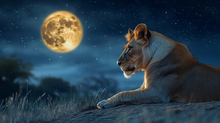 Lion female in the African savannah. Moonlight night african landscape. Africa, Tanzania, Serengeti National Park. Wild life of Africa