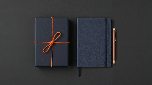 Sophisticated stationary arrangement featuring notebook gift box and elegant brown pen on dark background