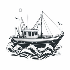 Fishing trawler on waves design vector image isolated on white background.