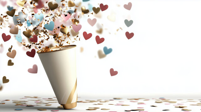 Festive cup overflows with colorful heart shaped confetti, creating joyful atmosphere perfect for celebrations