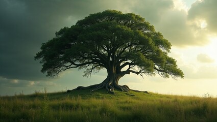 Obraz premium Solitary tree in peaceful environment with dramatic sky at sunset, 