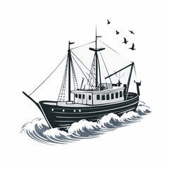 Fishing trawler on waves design vector image isolated on white background.