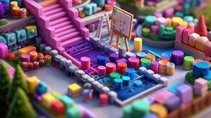 Fototapeta premium Colorful miniature city with painting studio, vibrant, artistic